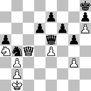 Wit: Kb1, Dc4, Pa4, pi b2, b3, e4, g3, h6; Zwart: Kh8, De5, Pb4, pi a4, d6, e7, f6, g5, h7