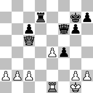 Wit: Kg1, Dc5, Te1, pi a2, b2, c2, e4, g2, h2; Zwart: Kg7, Df6, Td7, pi c6, f4, g6, h7