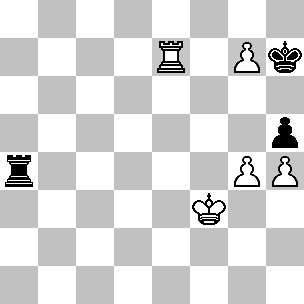 Wit: Kf3, Te7, pi g4, g7, h4; Zwart: Kh7, Ta4, pi h5
