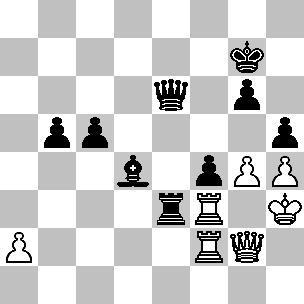 Wit: Kh3, Dg2, Tf2, Tf3, pi a2, g4, h4; Zwart: Kg7, De6, Te3, Ld4, pi b5, c5, f4, g6, h5