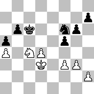 Wit: Kd3, Pc4, pi a4, d4, f3, g3, h2; Zwart: Kc6, Pf6, pi a5, b6, f5, g6, h7