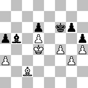 Wit: Kd4, Lc2, pi a3, d5, f4, g3, h4; Zwart: Kf6, Lb5, pi a5, d6, g6, h5