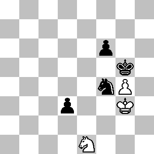 Wit: Kg3, Pe1, pi g4; Zwart: Kg5, Pf4, pi d3, f6