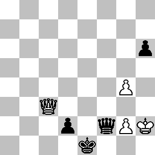 Wit: Kh2, Dc3, pi g2, g4; Zwart: Ke1, Df2, pi e2, h6