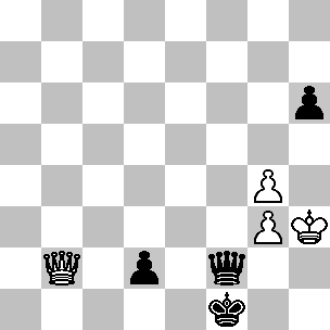 Wit: Kh3, Db2, pi g3, g4; Zwart: Kf1, Df2, pi e2, h6