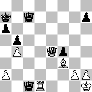 Wit: Kh1, De4, Td8, Lf3, pi a2, b4, g2, h2; Zwart: Ka7, Dc1, Dc7, pi a6, b5, f4, h7