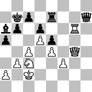 Wit: Kc2, Dg4, Tg6, Pc3, pi a2, b3, c4, d5, e4, f3; Zwart: Kb7, Dh7, Te7, La6, pi a5, b6, c7, d6, e5