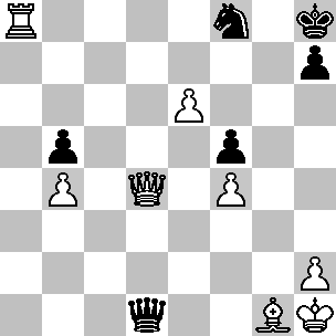 Wit: Kh1, Dd4, Ta8, Lg1, pi b4, e6, f4, h2; Zwart: Kh8, Dd1, Pf8, pi b5, f5, h7