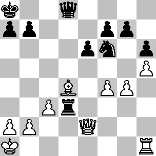 Wit: Ka1, De2, Th1, Ld4, pi a2, b2, c3, f4, g4, h5; Zwart: Ka8, Dd8, Td3, Pf6, pi a7, b7, e6, f7, g7, h6