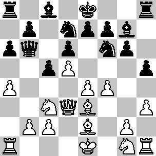 Wit: Ke1, Dd3, Ta1, Th1, Le2, Le3, Pc3, Pg1, pi a4, b2, c2, d5, e4, f4, g2, h3; Zwart: Ke8, Db6, Ta8, Th8, Lc8, Lg7, Pd7, Pf6, pi a6, b7, c5, d6, e7, f7, g6, h5