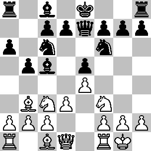 Wit: Kg1, Dd1, Ta1, Tf1, Lb3, Lc1, Pc3, Pf3, pi a2, b2, c2, d3, e4, f2, g2, h2; Zwart: Ke8, De7, Ta8, Th8, Lc5, Lc8, Pc6, Pf6, pi a6, b5, c7, d7, e5, f7, g7, h7