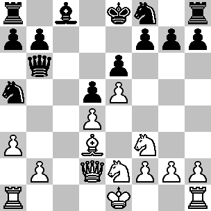 Wit: Ke1, Dd2, Ta1, Th1, Ld3, Pe2, Pf3, pi a3, b2, d4, e5, f2, g2, h2; Zwart: Ke8, Db6, Ta8, Th8, Lc8, Pa5, Pf8, pi a6, b7, d5, e6, f7, g7, h7