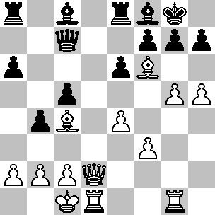 Wit: Kc1, Dd2, Td1, Tg1, Lc4, Lf6, pi a2, b2, c2, e4, f3, g5, h5; Zwart: Kg8, Dc7, Ta8, Te8, Lc8, Lf8, pi a6, b4, c5, e6, f7, g7, h7