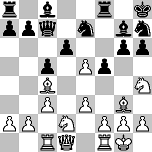 Wit: Kg1, Dd1, Tc1, Tf1, Lc4, Lg3, Pd2, Ph4, pi a2, b2, c3, e3, e5, f2, g2, h2; Zwart: Kh8, Dc7, Ta8, Tf8, Lc8, Lg7, Pe7, Ph7, pi a7, b7, c5, d6, f5, g6, h6