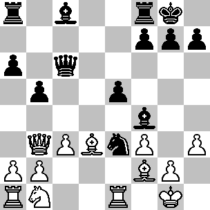 Wit: Kg1, Db3, Ta1, Te1, Ld3, Lf2, Pb1, pi a2, b2, c3, f3, g2, h3; Zwart: Kg8, Dc6, Ta8, Tf8, Lc8, Lf4, Pe3, pi a6, b5, e5, f7, g7, h7
