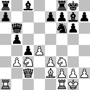 Wit: Kg1, Dc2, Ta1, Tf1, Le2, Pc3, Pf3, pi b3, d4, e3, f2, g2, h2; Zwart: Kg8, Db6, Ta8, Tf8, Lc8, Lg7, Pf6, pi a7, b5, c4, e7, f7, g6, h7
