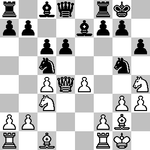 Wit: Kg1, Dd4, Ta1, Tf1, Lc1, Lg2, Pc3, Ph4, pi a2, b2, c4, e4, f2, g3, h3; Zwart: Kg8, Dd8, Ta8, Tf8, Lc8, Le7, Pc5, Pg5, pi a7, b7, c6, d6, f7, g7, h6