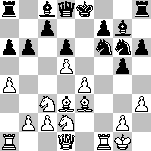 Wit: Kg1, Dd1, Ta1, Tf1, Ld3, Le3, Pc3, Pd2, pi a4, b2, c2, d5, e4, g2, h3; Zwart: Ke8, Dd8, Ta8, Th8, Lc8, Lg7, Pf6, Pg6, pi a6, b6, c7, d6, f7, g5, h6