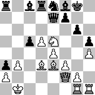 Wit: Kb1, Df2, Tg1, Th1, Ld3, Le3, Pe5, pi a2, b3, d5, e4, f3, g2, h4; Zwart: Kg8, De7, Ta8, Td8, Lc8, Lf8, Pe8, pi a3, c5, f7, g6, h5