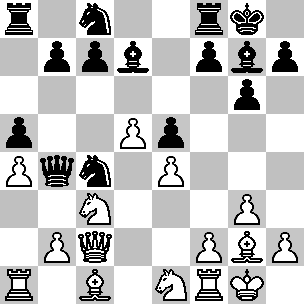 Wit: Kg1, Dc2, Ta1, Tf1, Lc1, Lg2, Pc3, Pe1, pi a4, b2, d5, e4, f2, g3, h2; Zwart: Kg8, Db4, Ta8, Tf8, Ld7, Lg7, Pc4, Pc8, pi a5, b7, c7, e5, f7, g6, h7