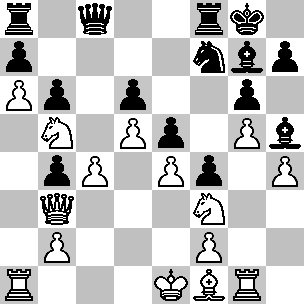 Wit: Ke1, Db3, Ta1, Tg1, Lf1, Pb5, Pf3, pi a6, b2, c4, d5, e4, f2, g5, h4; Zwart: Kg8, Dc8, Ta8, Tf8, Lg7, Lh5, Pf7, pi a7, b4, b6, d6, e5, f4, g6, h7