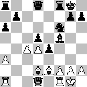 Wit: Kg1, Dd1, Ta1, Tf1, Ld2, Le2, pi a3, c4, d4, f2, g2, h2; Zwart: Kg8, Dd8, Ta8, Tf8, Lf5, Pf6, pi a6, b7, d5, e4, g7, h7