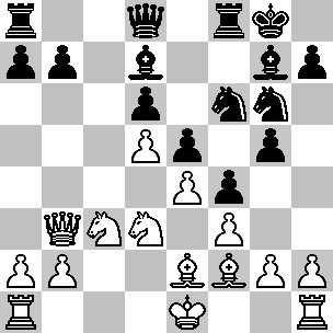 Wit: Ke1, Db3, Ta1, Th1, Le2, Lf2, Pc3, Pd3, pi a2, b2, d5, e4, f3, g2, h2; Zwart: Kg8, Dd8, Ta8, Tf8, Ld7, Lg7, Pf6, Pg6, pi a7, b7, d6, e5, f4, g5, h7