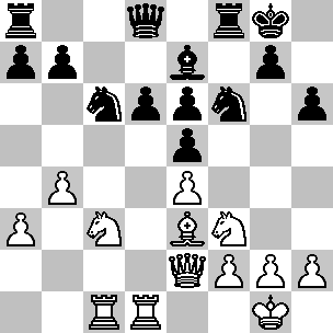 Wit: Kg1, De2, Tc1, Td1, Le3, Pc3, Pf3, pi a3, b4, e4, f2, g2, h2; Zwart: Kg8, Dd8, Ta8, Tf8, Le7, Pc6, Pf6, pi a7, b7, d6, e5, e6, g7, h6