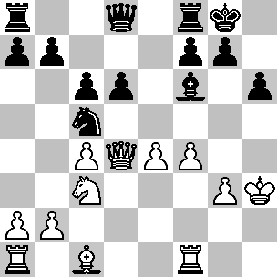 Wit: Kh3, Dd4, Ta1, Tf1, Lc1, Pc3, pi a2, b2, c4, e4, f4, g3; Zwart: Kg8, Dd8, Ta8, Tf8, Lf6, Pc5, pi a7, b7, c6, d6, f7, g7, h6