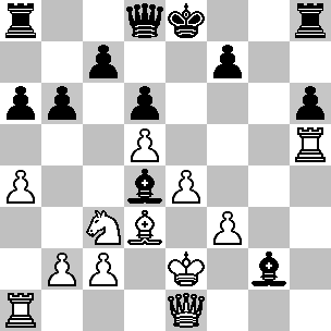 Wit: Ke2, De1, Ta1, Th5, Ld3, Pc3, pi a4, b2, c2, d5, e4, f3; Zwart: Ke8, Dd8, Ta8, Th8, Ld4, Lg2, pi a6, b6, c7, d6, f7, h6