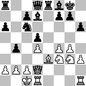 Wit: Kc1, Dd2, Td1, Th1, Le3, Pf3, Pg3, pi a2, b2, c2, d4, f4, g4, h3; Zwart: Kg8, Dd8, Ta8, Te8, Ld7, Lf8, Pc6, pi a6, b4, c7, d5, f7, g7, h6