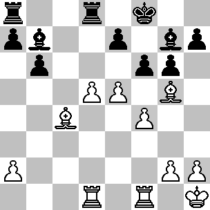 Wit: Kh1, Td1, Tf1, Lc4, Lg5, pi a2, d5, e5, f4, g2, h2; Zwart: Kf8, Ta8, Td8, Lb7, Lg7, pi a7, b6, e7, f6, g6, h7