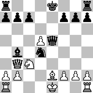 Wit: Ke1, Db3, Ta1, Th1, Le2, Pc3, pi a2, b2, d5, f2, g2, h2; Zwart: Ke8, De5, Ta8, Th8, Lb4, Pd4, pi a7, b7, c7, f7, g7, h7