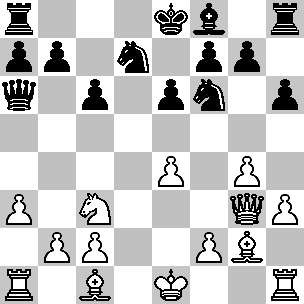 Wit: Ke1, Dg3, Ta1, Th1, Lc1, Lg2, Pc3, pi a3, b2, c2, e4, f2, g4, h3; Zwart: Ke8, Da6, Ta8, Th8, Lf8, Pd7, Pf6, pi a7, b7, c6, e6, f7, g7, h6