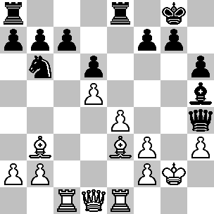 Wit: Kg2, Dd1, Tc1, Te1, Lb3, Le3, pi a2, b2, d5, e4, f2, f3, h3; Zwart: Kg8, Dh4, Lh5, Pb6, Ta8, Te8, pi a7, b7, c7, d6, f7, g7, h6
