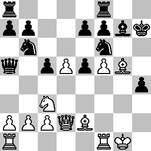 Wit: Kg1, Dd2, Ta1, Tf1, Le2, Lg5, Pc3, pi a2, b2, c2, d5, f5; Zwart: Kh7, Da5, Ta8, Tf8, Lg7, Pb6, Pf6, pi a7, b7, c5, e5, e7, f7, h4