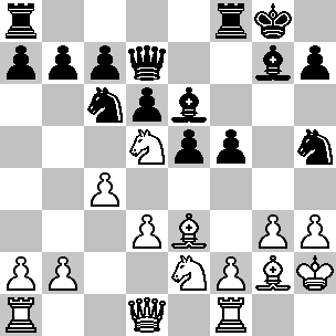 Wit: Kh2, Dd1, Ta1, Tf1, Le3, Lg2, Pd5, Pe2, pi a2, b2, c4, d3, f2, g3, h3; Zwart: Kg8, Dd7, Ta8, Tf8, Le6, Lg7, Pc6, Ph5, pi a7, b7, c7, d6, e5, f5, h7