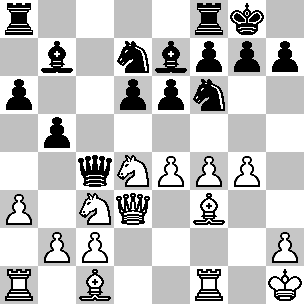Wit: Kh1, Dd3, Ta1, Tf1, Lc1, Lf3, Pc3, Pd4, pi a3, b2, c2, e4, f4, g4, h2; Zwart: Kh\g8, Dc4, Ta8, Tf8, Lb7, Le7, Pd7, Pf6, pi a6, b5, d6, e6, f7, g7, h7