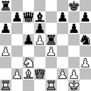 Wit: Kg1, Dd2, Ta1, Te1, Lc2, Pc3, pi a4, b2, d5, e4, f2, g2, h3; Zwart: Kg8, Dc7, Ta8, Te5, Ld7, Ph5, pi a6, b7, c5, d6, f7, g6, h7
