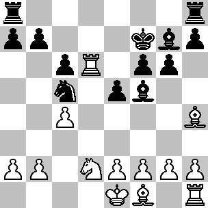 Wit: Ke1, Td6, Th1, Lf1, Lh4, Pd2, pi a2, b2, d4, e2, f2, g2, h2; Zwart: Kf7, Ta8, Th8, Lf5, Lg7, Pc5, pi a7, b7, c6, e5, f6, g6, h7