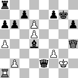 Wit: Kg2, Dh4, Ta1, pi a4, b2, d5, d6, f3; Zwart: Kg7, De2, Ta8, Ld4, pi a6, b6, c7, f7, h6