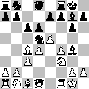 Wit: Kg1, Dd1, Ta1, Tf1, Lc1, Lc4, Pb1, Pf3, pi a2, b2, c3, d4, e5, f4, g2, h2; Zwart: Kg8, Dd8, Ta8, Tf8, Lg4, Lg7, Pb8, Pd5, pi a7, b7, c6, d6, e7, f7, g6, g7