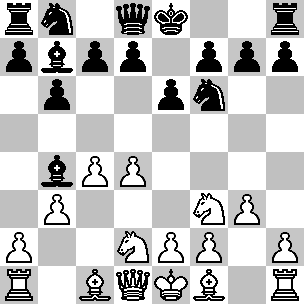 Wit: Ke1, Dd1, Ta1, Th1, Lc1, Lf1, Pd2, Pf3, pi a2, b3, c4, d4, e2, f2, g3, h2; Zwart: Ke8, Dd8, Ta8, Th8, Lb4, Lb7, Pb8, Pf6, pi a7, b6, c7, d7, e6, f7, g7, h7
