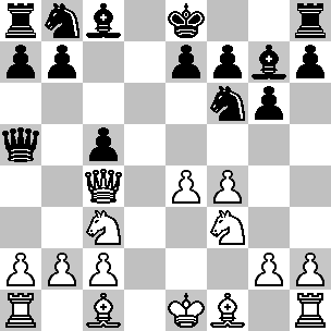 Wit: Ke1, Dc4, Ta1, Th1, Lc1, Lf1, Pc3, Pf3, pi a2, b2, c2, e4, f4, g2, h2; Zwart: Ke8, Da5, Ta8, Th8, Lc8, Lg7, Pb8, Pf6, pi a7, b7, c5, e7, f7, g6, h7
