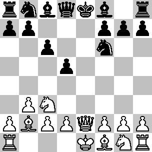 Wit: Ke1, De2, Ta1, Th1, Lb2, Lf1, Pc3, Pg1, pi a2, b3, c2, d4, f2, g2, h2; Zwart: Ke8, Dd8, Ta8, Tf8, Lc8, Lf8, Pb8, Pf6, pi a7, b7, c6, d5, f7, g7, h7