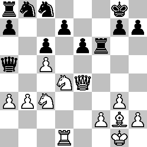 Wit: Kg1, De4, Td1, Lg2, Pc3, Pd4, pi a3, b3, c5, f2, g3, h2; Zwart: Kg8, Da5, Ta8, Tf6, Pb8, Pc8, pi a7, c6, d7, e6, g7, h7