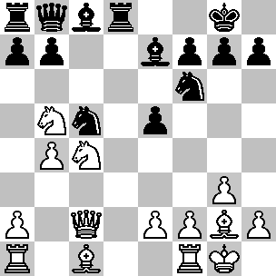 Wit: Kg1, Dc2, Ta1, Tf1, Lc1, Lg2, Pb5, Pc4, pi a2, b4, e2, f2, g3, h2; Zwart: Kg8, Db8, Ta8, Td8, Lc8, Le7, Pc5, Pf6, pi a7, b7, e5, f7, g7, h7